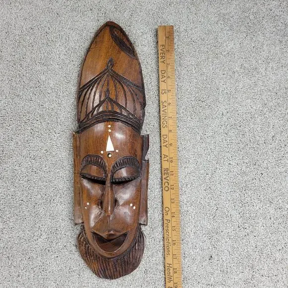 Vintage African Tribal Mask 19" Wood Hand Carved Face Natural Inlaid Art Decor